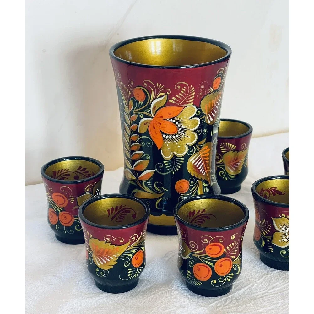 VTG Khokhloma Russian Handpainted Wooden Lacquer Set Pitcher & 6 Cups Signed EUC